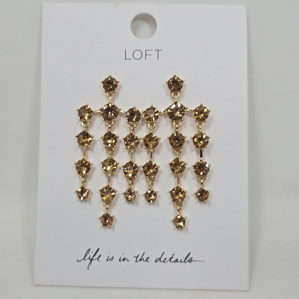 LOFT Gold Tone Honey Rhinestone Chandelier Drop Statement Earrings NWT